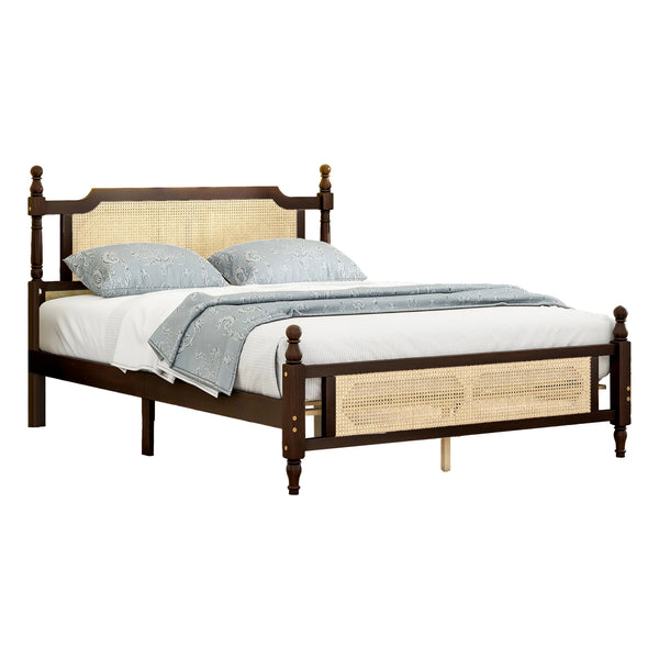 Pine Wooden Bed with Rattan Headboard Queen Size