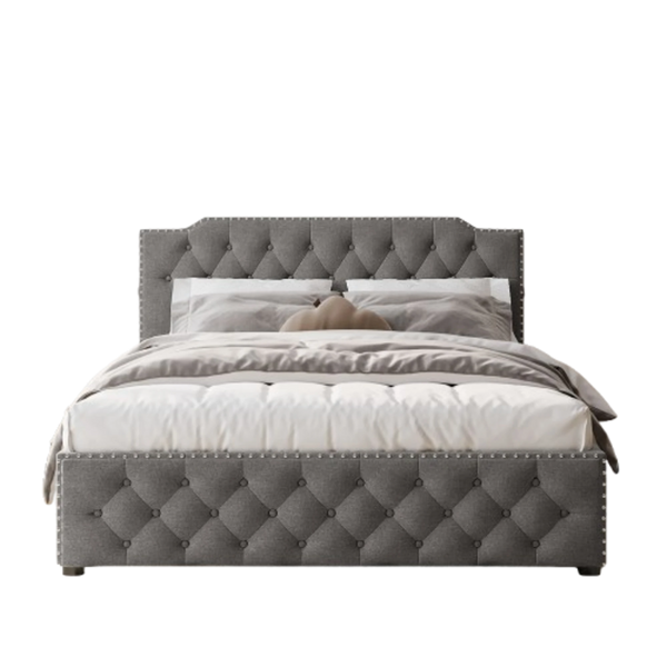 Gray Upholstered Platform Bed and 2 sets of USB Ports Queen Size