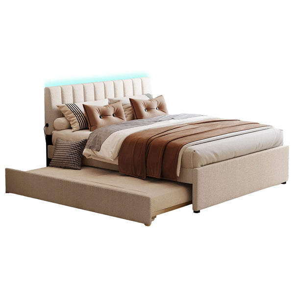 Upholstered Bed with Trundle Under Bed Queen Size