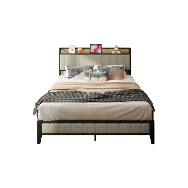 Upholstered Bed with Storage Shelves Full Size