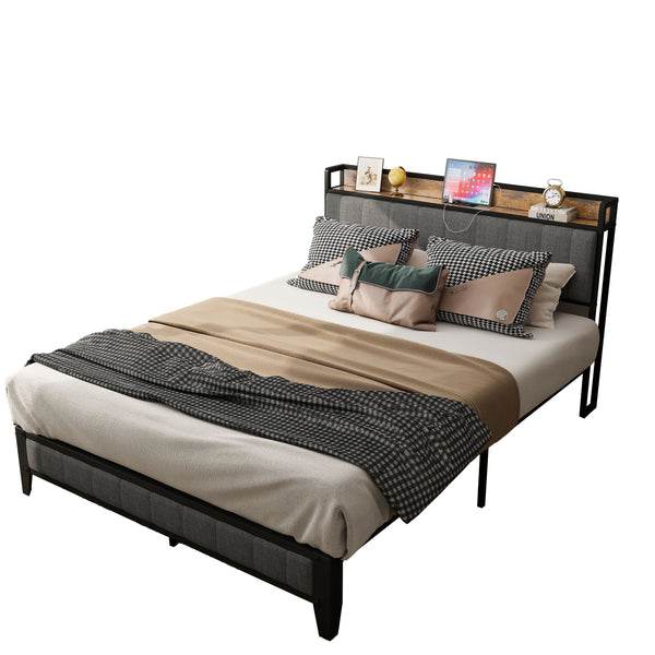 Upholstered Dark Gray Bed with Storage Shelves Queen Size