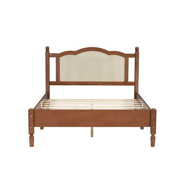 Wooden Bed with Natural Rattan Headboard Full Size