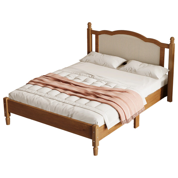 Wooden Bed with Natural Rattan Headboard Queen Size