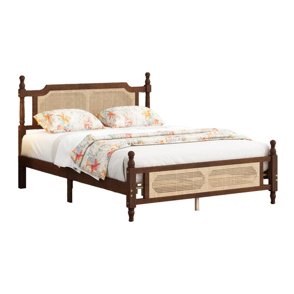 Pine Wooden Bed with Rattan Headboard Queen Size
