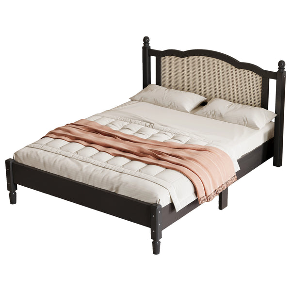 Wooden Bed with Natural Rattan Headboard blackqueen Queen Size