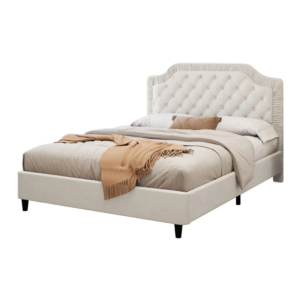 Upholstered Bed with Ruched and Button Tufted Headboard King Size